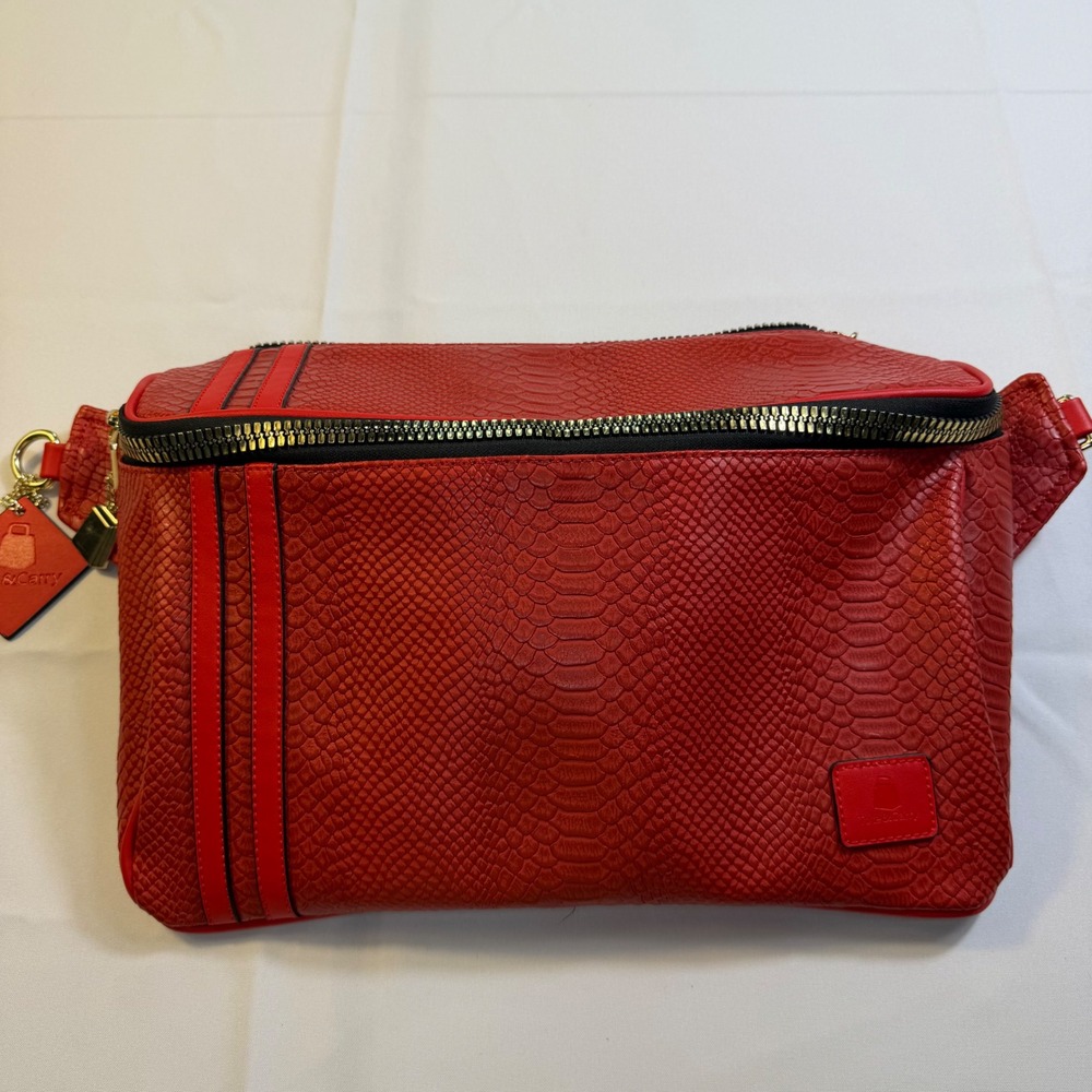 Tote&Carry Red Snakeskin Fanny Pack Oversized Crossbody Bag Vegan Leather Logo